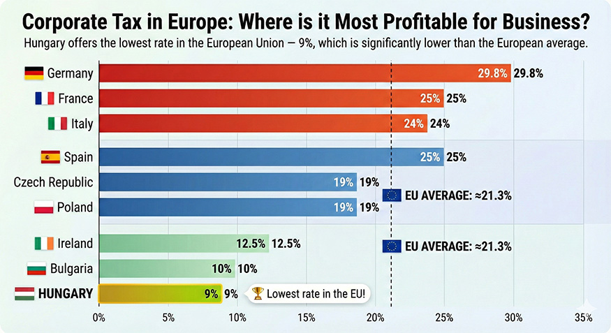 Chart: comparison of corporate income tax rates in Europe – Hungary at 9% versus average figures across EU countries.