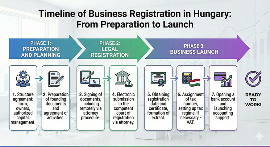 Graph: process timeline – from document preparation to receiving registration data and launching the bank account.