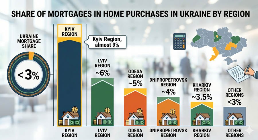 Chart - Share of mortgages in home purchases in Ukraine and by region: less than 3% on average across the country, almost 9% in the Kyiv region.