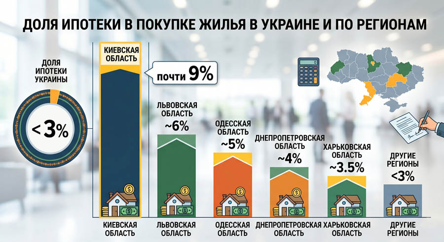 График – доля ипотеки в покупке жилья в Украине и по регионам: менее 3% в среднем по стране, почти 9% в Киевской области.