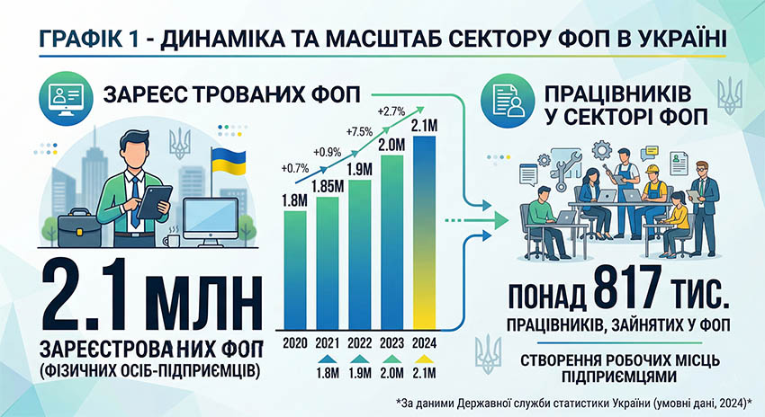 Динаміка та масштаб сектору ФОП в Україні: 2,1 млн зареєстрованих ФОП і понад 817 тис. працівників, зайнятих у ФОП.