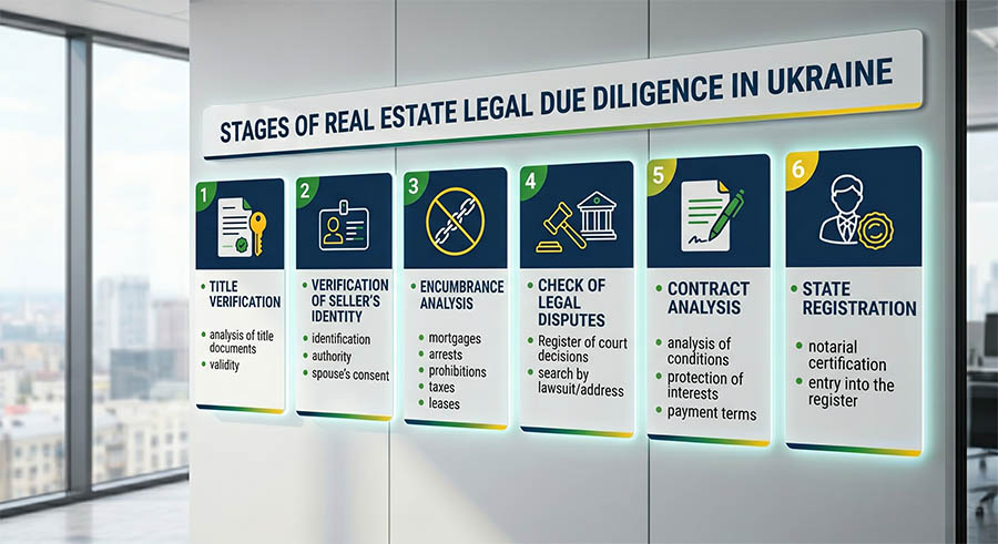 Diagram - Stages of legal audit of real estate in Ukraine: legal verification, verification of the seller's identity, analysis of encumbrances, verification of litigation, analysis of the contract, state registration.