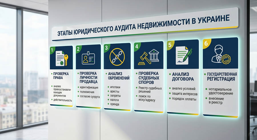 Диаграмма 1 – Этапы юридического аудита недвижимости в Украине: проверка права, проверка личности продавца, анализ обременений, проверка судебных споров, анализ договора, государственная регистрация.