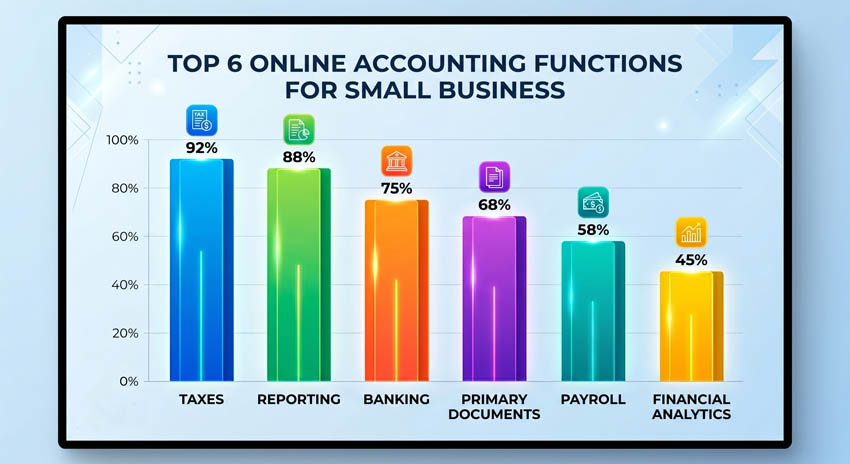 diagram: which functions are most often needed by small businesses in online accounting - taxes, reporting, bank, primary documents, payroll, financial analytics, modern clean design, Ukrainian language