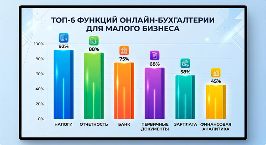 диаграмма: какие функции чаще всего нужны малому бизнесу в онлайн‑бухгалтерии - налоги, отчетность, банк, первичные документы, зарплата, финансовая аналитика, современный чистый дизайн, украинский язык