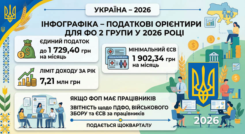 Податкові орієнтири для ФОП 2 групи у 2026 році: єдиний податок - до 1 729,40 грн на місяць, мінімальний ЄСВ - 1 902,34 грн на місяць, ліміт доходу - 7,21 млн грн. Якщо ФОП має працівників, у 2026 році звітність щодо ПДФО, військового збору та ЄСВ за працівників подається щокварталу.