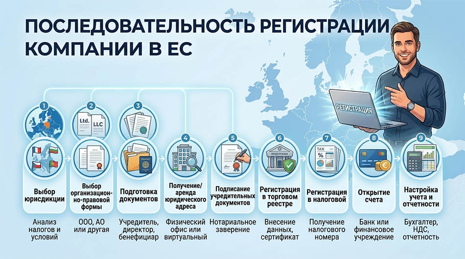График: последовательность регистрации компании в ЕС - от выбора юрисдикции до открытия счета и налоговой регистрации.