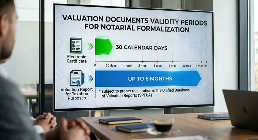 Validity periods of valuation documents for notarial registration: electronic certificate - 30 calendar days; valuation report for taxation purposes - up to 6 months if properly registered in the Єдиній базі.