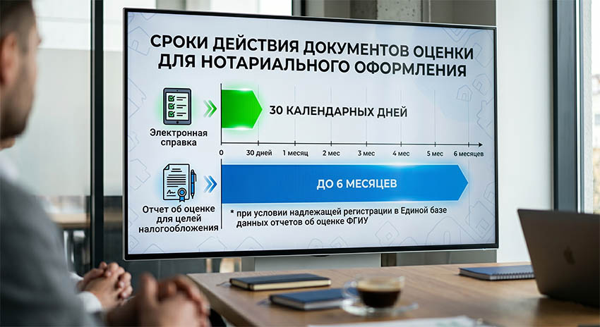 Сроки действия документов оценки для нотариального оформления: электронная справка - 30 календарных дней, отчёт об оценке для целей налогообложения - до 6 месяцев при условии надлежащей регистрации в Єдиній базі.