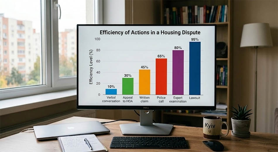 [Chart: 'Effectiveness of Actions in Residential Disputes' - verbal conversation, written claim, OSBB involvement, police call, expert examination, lawsuit.]