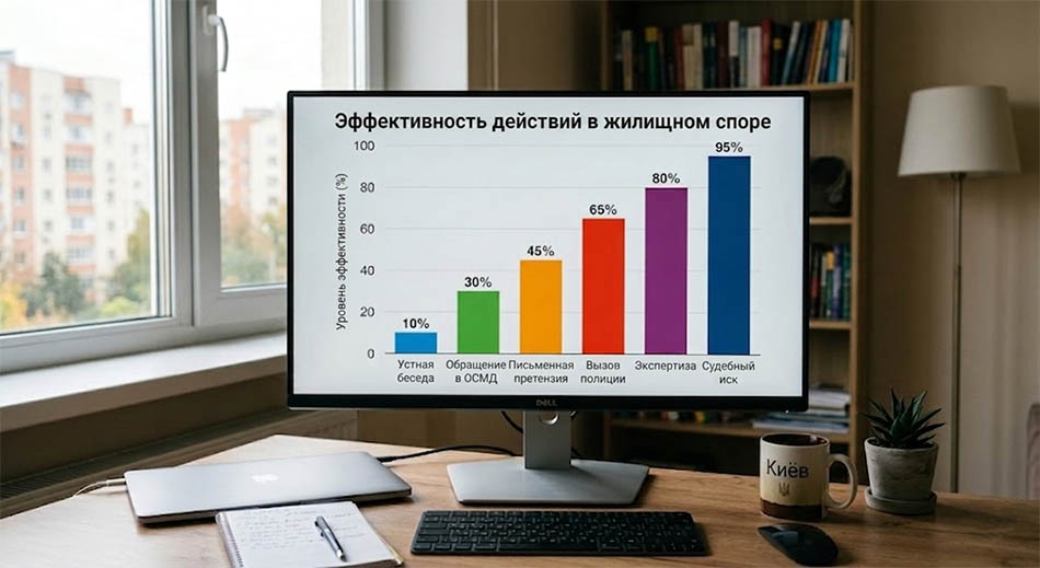 [График: «Эффективность действий в жилищном споре» — устный разговор, письменная претензия, обращение в ОСМД, вызов полиции, экспертиза, судебный иск.]