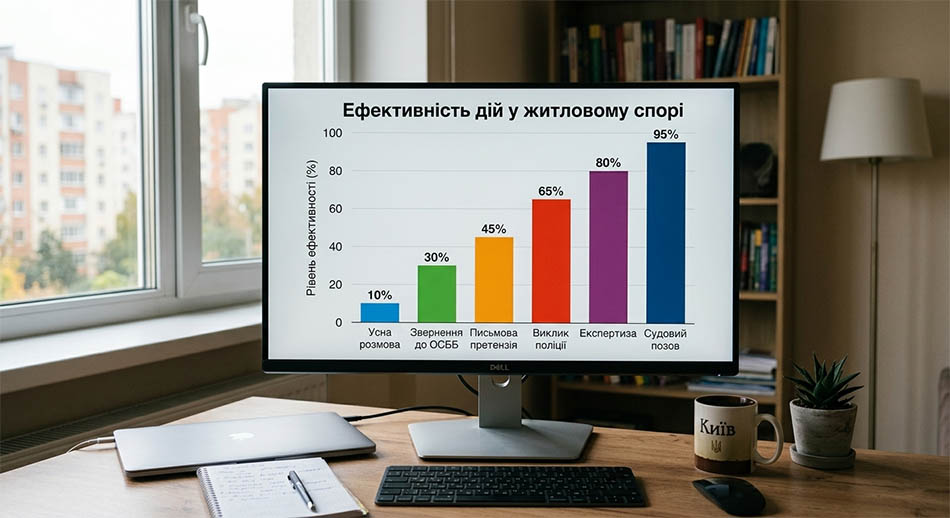 [Графік: «Ефективність дій у житловому спорі» - усна розмова, письмова претензія, звернення до ОСББ, виклик поліції, експертиза, судовий позов.]