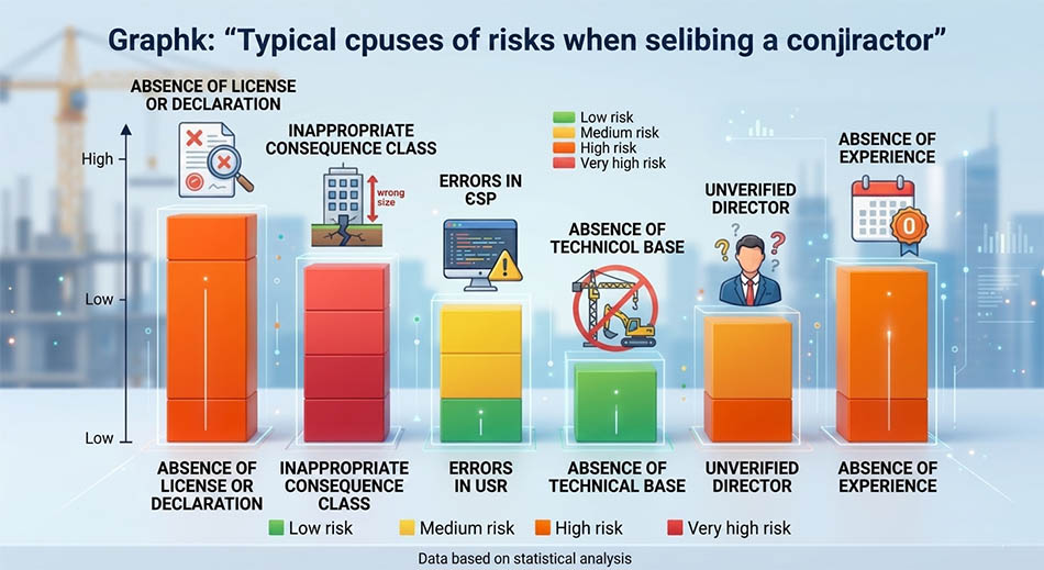 Chart: «Typical causes of risks when choosing a contractor». Columns: no license or declaration, inappropriate consequence class, errors in the Unified State Register, lack of technical resources, unverified director, lack of experience
