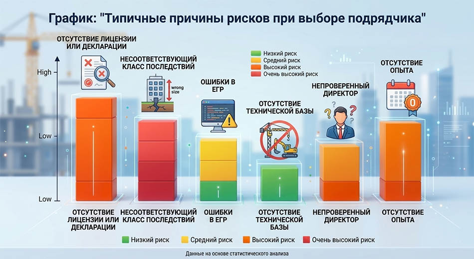 График: «Типичные причины рисков при выборе подрядчика». Столбцы: отсутствие лицензии или декларации, несоответствующий класс последствий, ошибки в ЕГР, отсутствие технической базы, непроверенный директор, отсутствие опыта.
