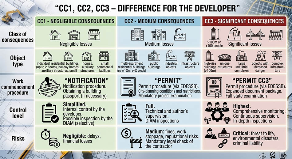 Infographic: «CC1, CC2, CC3 – difference for a developer». Columns: consequence class, type of facility, procedure for starting works, level of control, risks.