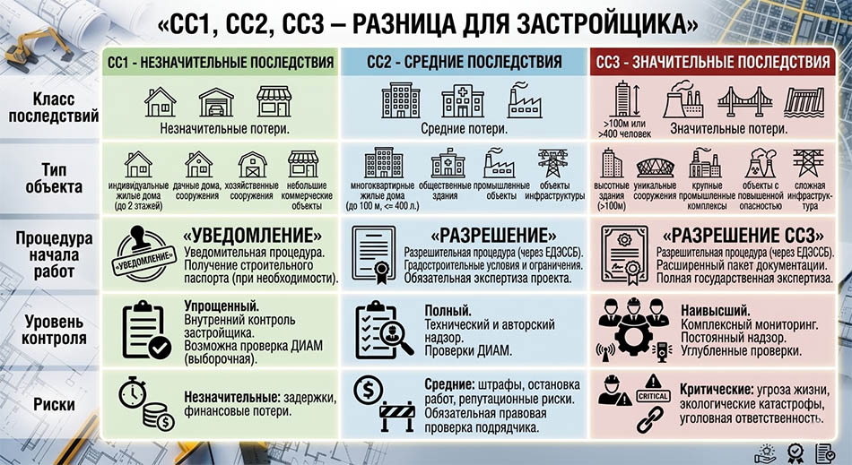 Инфографика: «СС1, СС2, СС3 – разница для застройщика». Колонки: класс последствий, тип объекта, процедура начала работ, уровень контроля, риски.