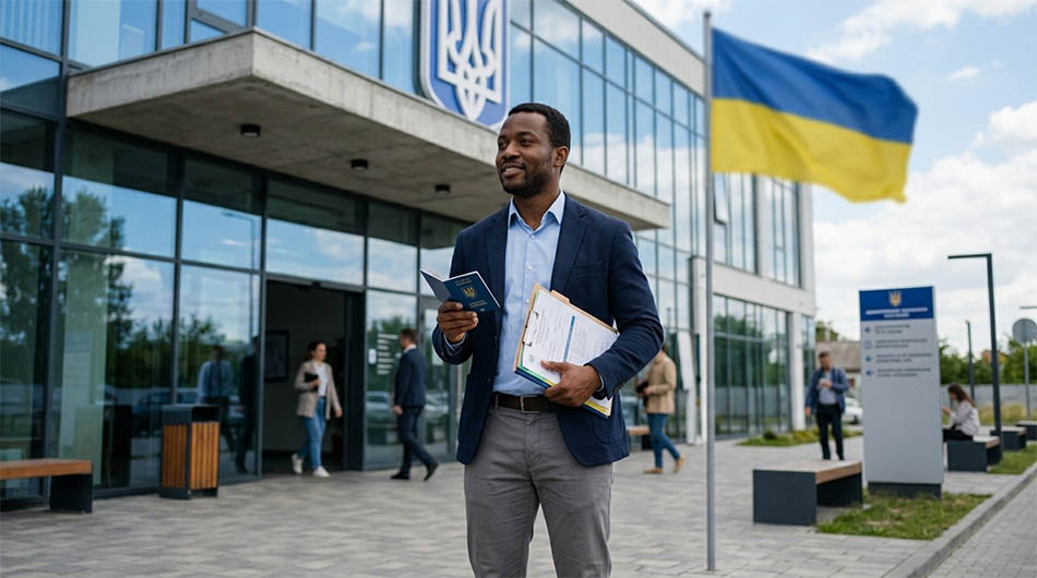 foreigner with passport and documents standing near a modern administrative center in Ukraine, neutral business style, no text on image