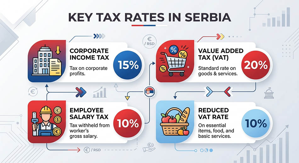Statistical chart: «Key Tax Rates in Serbia» - corporate income tax 15%, VAT 20%, reduced VAT 10%, employee salary tax 10%.