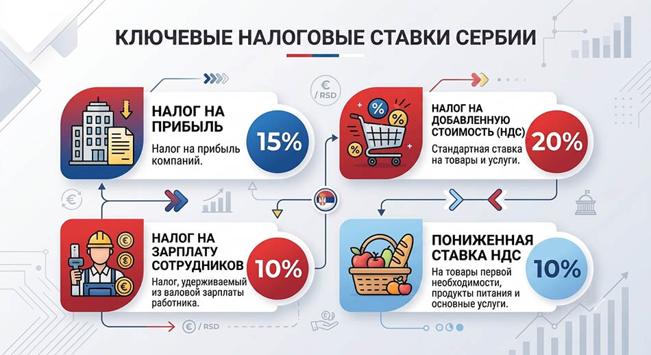 [Статистическая диаграмма: «Ключевые налоговые ставки Сербии» - налог на прибыль 15%, НДС 20%, сниженный НДС 10%, налог на заработную плату работника 10%.]