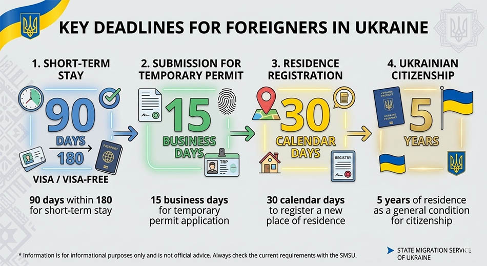 Key deadlines for foreigners in Ukraine — 90 days in 180-day period for short-term stay, 15 working days to apply for temporary permit, 30 calendar days to register a new residence, 5 years of residence as a general condition for citizenship