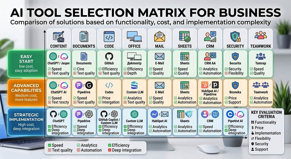 AI tool selection matrix for business: content, documents, code, office, email, spreadsheets, CRM, security, teamwork
