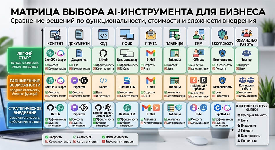матрица выбора AI-инструмента для бизнеса: контент, документы, код, офис, почта, таблицы, CRM, безопасность, командная работа