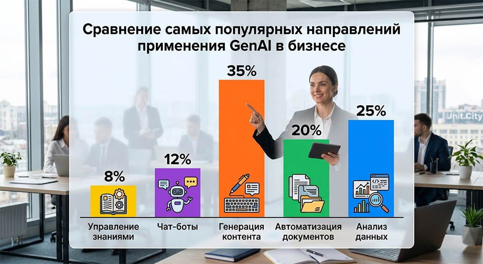 Статистическая диаграмма: «сравнение самых популярных направлений применения GenAI в бизнесе: управление знаниями, чат-боты, генерация контента, автоматизация документов, анализ данных».