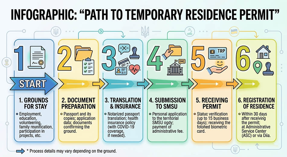 Infographic: 'Path to Temporary Residence Permit' – basis for stay → document preparation → translation and insurance → submission to SMS → receiving permit → registering place of residence.