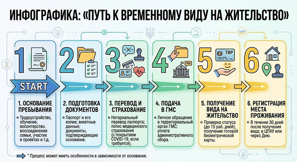 Инфографика: «Путь к временному виду» – основание пребывания → подготовка документов → перевод и страхование → подача в ГМС → получение вида → регистрация места проживания.
