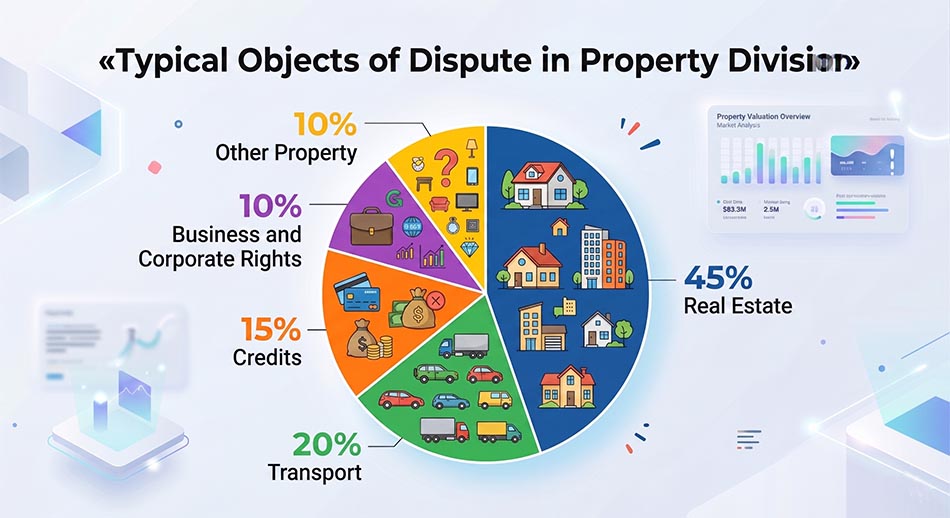 Statistical chart: 'Typical objects of dispute in property division' - real estate 45%, transport 20%, loans 15%, business and corporate rights 10%, other property 10%.