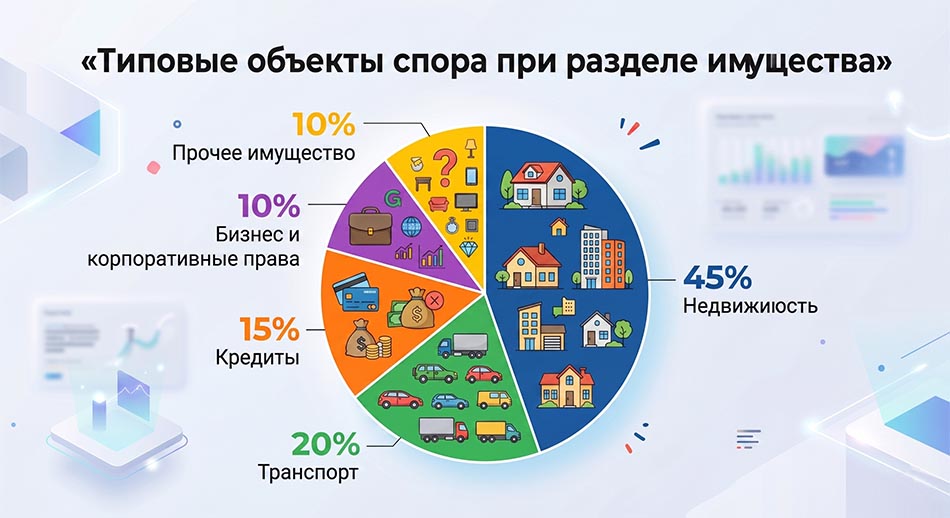 Статистическая диаграмма: «Типичные объекты спора при разделе имущества» - недвижимость 45%, транспорт 20%, кредиты 15%, бизнес и корпоративные права 10%, другое имущество 10%.