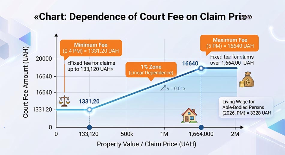 Chart: 'Court fee depending on the claim price' - X axis: property value, Y axis: fee amount, indicating minimum and maximum limits.