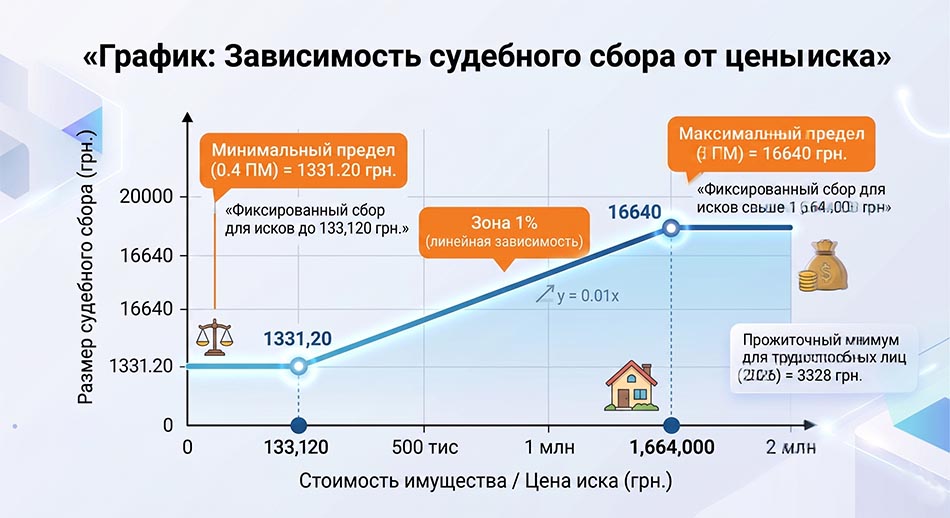 График: «Зависимость судебного сбора от стоимости иска» - ось Х: стоимость имущества, ось Y: размер сбора, с обозначением минимальных и максимальных границ.