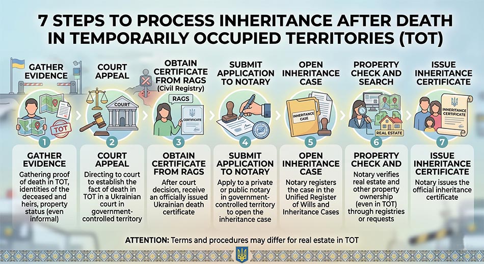 Infographic: '7 Steps of Inheritance Processing After Death in TOT — Evidence, Court, DRACS, Notary, Inheritance Case, Property Check, Certificate of Inheritance'
