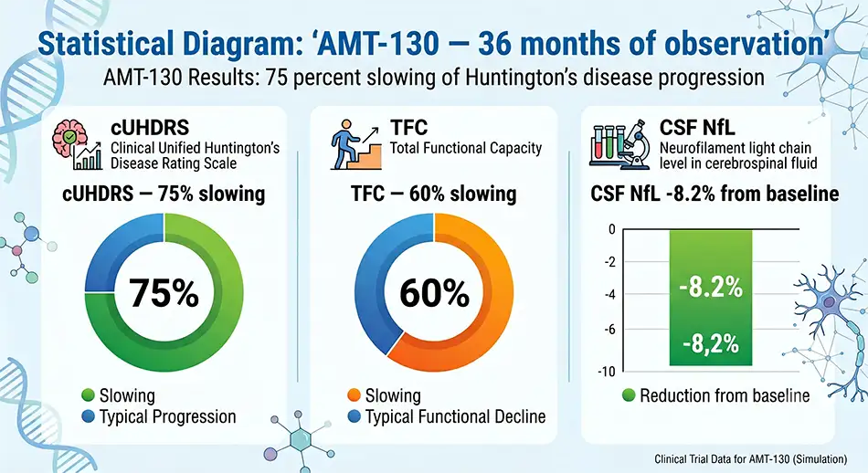 Chart: 'AMT-130 36 months observation' – 75% slowing on cUHDRS, 60% slowing on TFC, CSF NfL reduced by 8.2% from baseline.