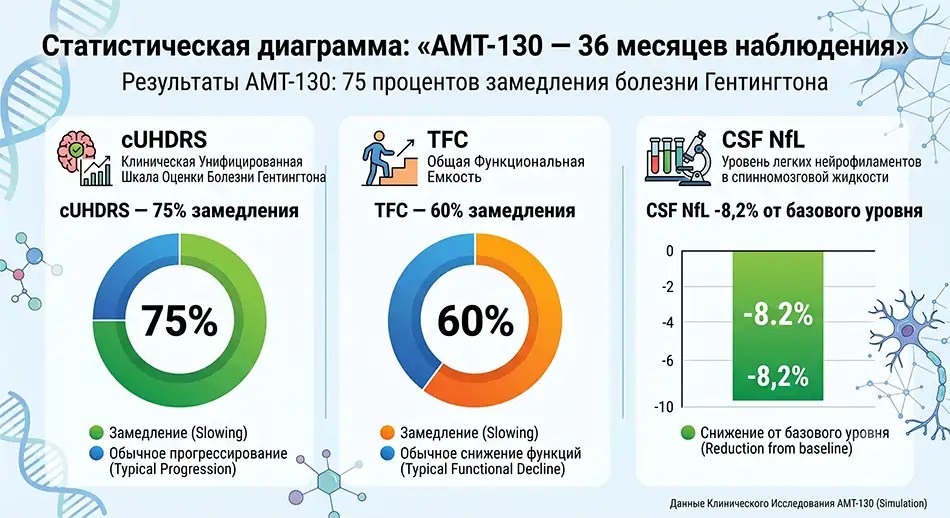 Статистическая диаграмма: «AMT-130 — 36 месяцев наблюдения» — cUHDRS 75% замедление, TFC 60% замедление, CSF NfL -8,2% от базового уровня.