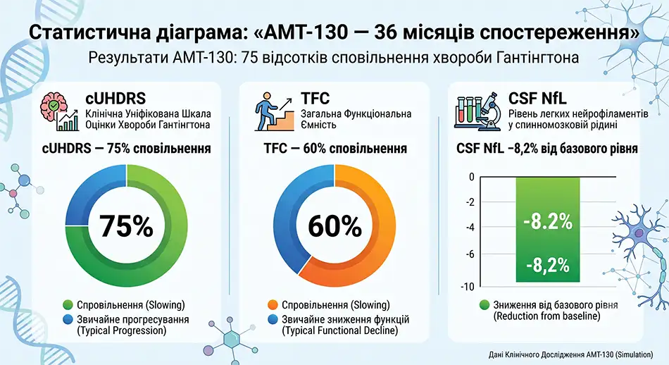 Статистична діаграма: «AMT-130 - 36 місяців спостереження» - cUHDRS 75% сповільнення, TFC 60% сповільнення, CSF NfL -8,2% від базового рівня.