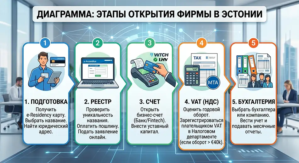Диаграмма: этапы открытия фирмы в Эстонии - подготовка, реестр, счет, VAT, бухгалтерия