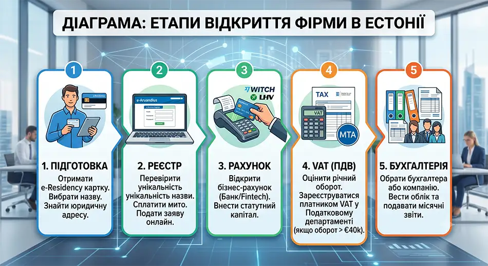 Діаграма: етапи відкриття фірми в Естонії - підготовка, реєстр, рахунок, VAT, бухгалтерія