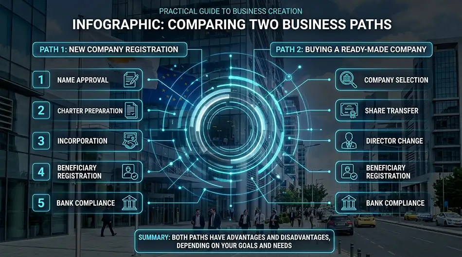 [Infographic: comparison of two routes - «registration of a new company» and «purchase of a ready-made company», separate stages of name approval, preparation of articles, incorporation, share transfer, director change, beneficial owner registration and bank compliance