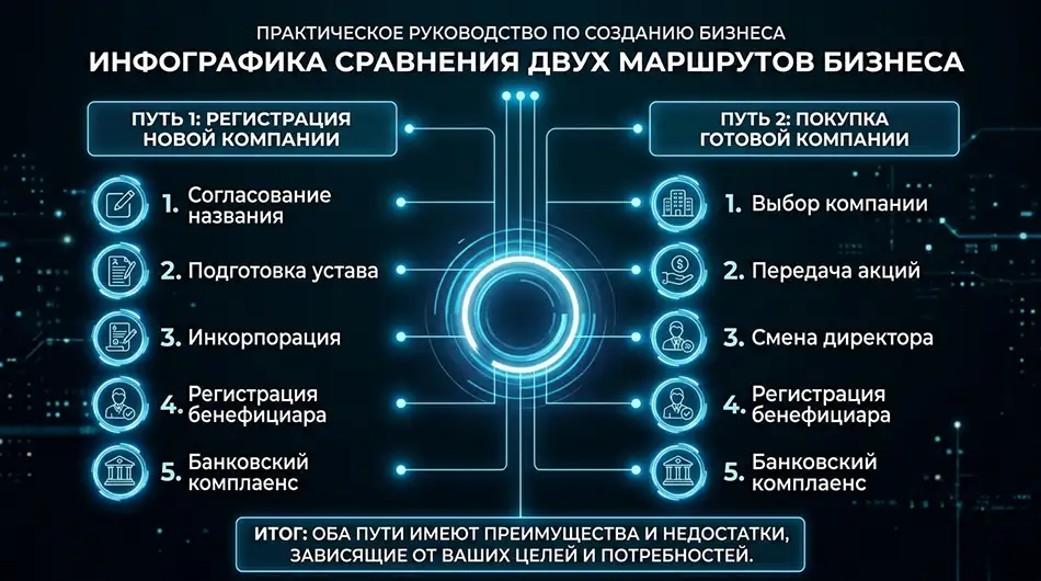 сравнение двух маршрутов - «регистрация новой компании» и «покупка готовой компании», отдельные этапы согласования названия, подготовки устава, инкорпорации, передачи акций, смены директора, регистрации бенефициара и банковского комплаенса