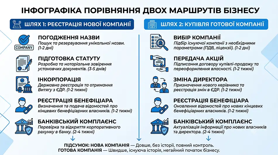 Інфографіка: порівняння двох маршрутів - «реєстрація нової компанії» та «купівля готової компанії», окремі етапи погодження назви, підготовки статуту, інкорпорації, передачі акцій, зміни директора, реєстрації бенефіціара та банківського комплаєнсу