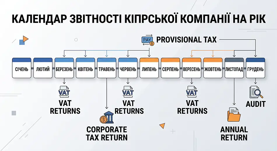 календар звітності кіпрської компанії на рік, місяці, позначки «provisional tax», «VAT returns», «audit», «annual return», «corporate tax return»