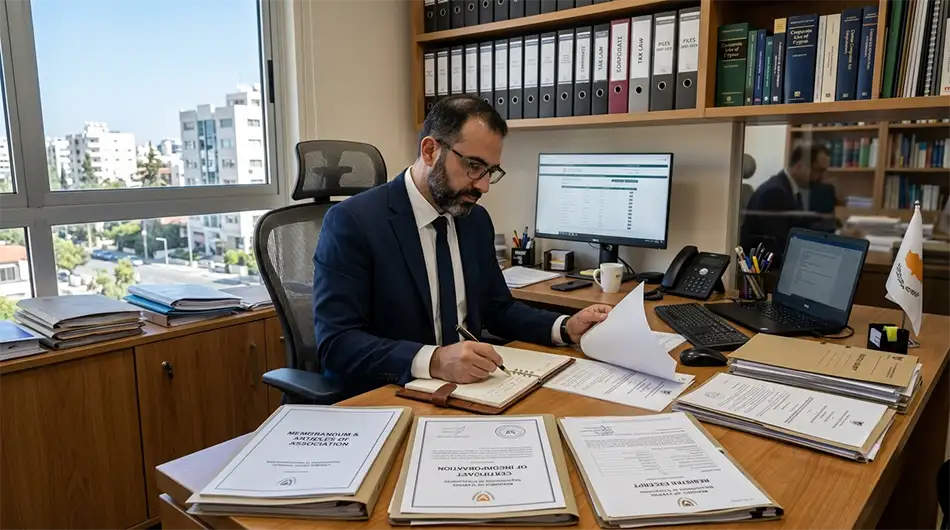 Тематичне фото: кіпрський адвокат перевіряє корпоративні сертифікати, меморандум і реєстрову виписку за робочим столом, нейтральний офіс, реалістичний стиль, формат 16:9