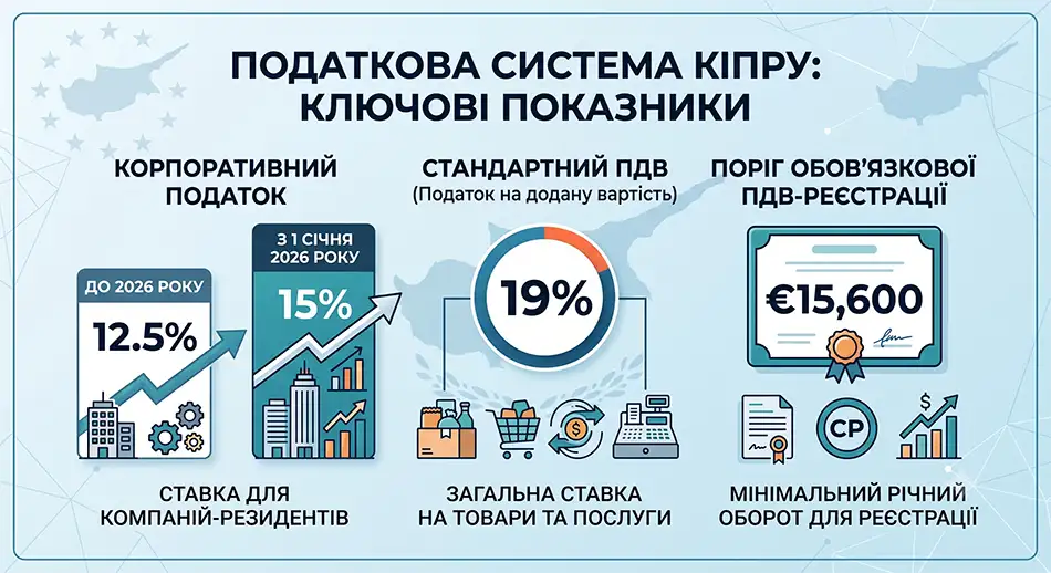 Статистична діаграма: корпоративний податок на Кіпрі - 12,5% до 2026 року та 15% з 1 січня 2026 року, стандартний ПДВ - 19%, поріг обов’язкової ПДВ-реєстрації - 15 600 євро