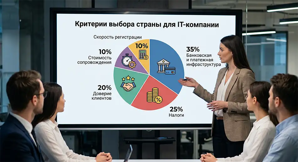 Диаграмма: «Критерии выбора страны для IT-компании» - 35% банковская и платежная инфраструктура, 25% налоги, 20% доверие клиентов, 10% скорость регистрации, 10% стоимость сопровождения.