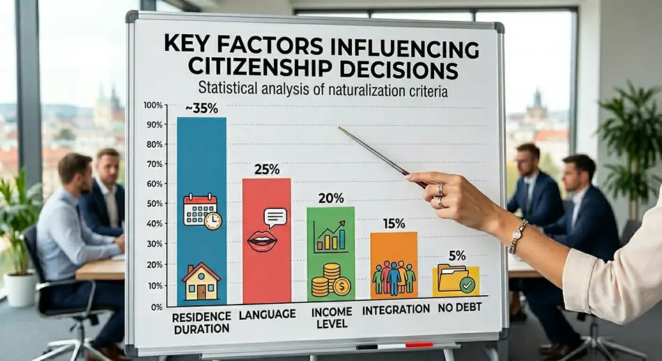 Statistical chart: main factors influencing citizenship decisions - length of residence, language, income, integration, lack of debt