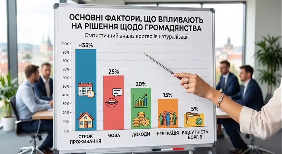 Статистическая диаграмма: основные факторы, влияющие на решение по гражданству — срок проживания, язык, доходы, интеграция, отсутствие долгов