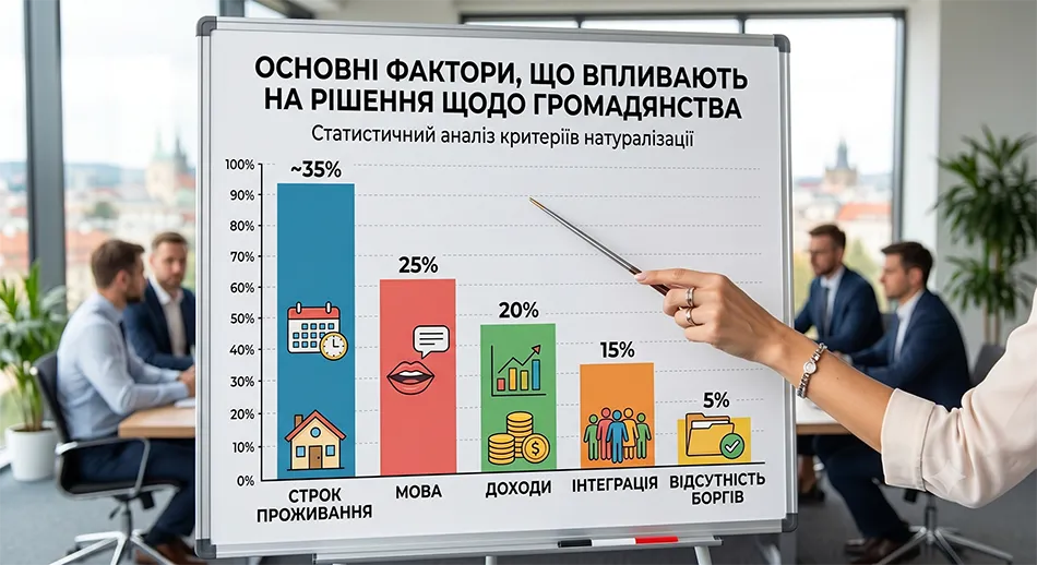 Статистична діаграма: основні фактори, які впливають на рішення щодо громадянства - строк проживання, мова, доходи, інтеграція, відсутність боргів
