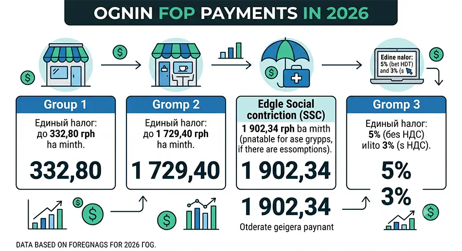 Main FOP payments in 2026: 1st group - up to 332.80 UAH unified tax, 2nd group - up to 1,729.40 UAH, ESC - 1,902.34 UAH per month, 3rd group - 5% without VAT or 3% with VAT